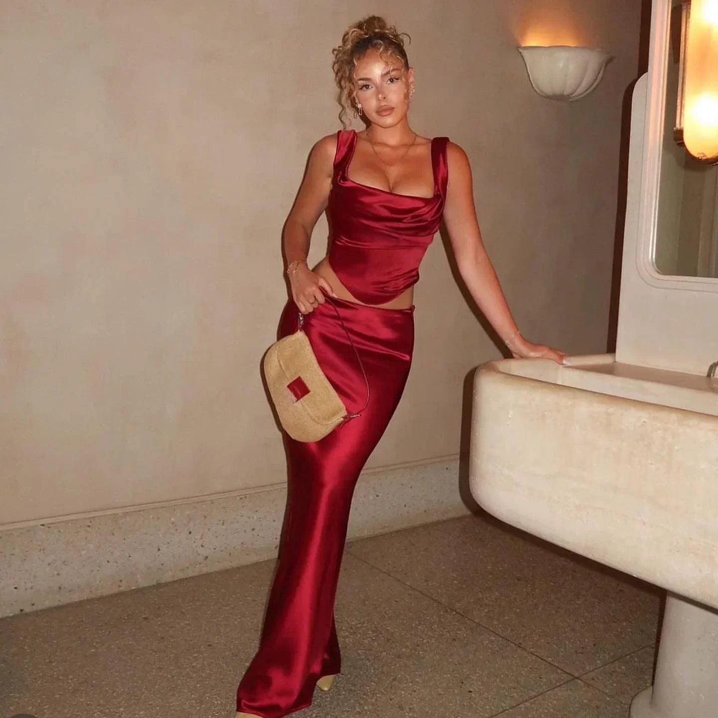 Dam Julkjol Ärmlös Satin Fyrkantig Krage-2