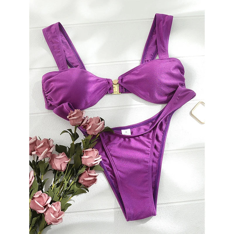 Dam Bikini Låg Midja Enfärgad Polyester-6