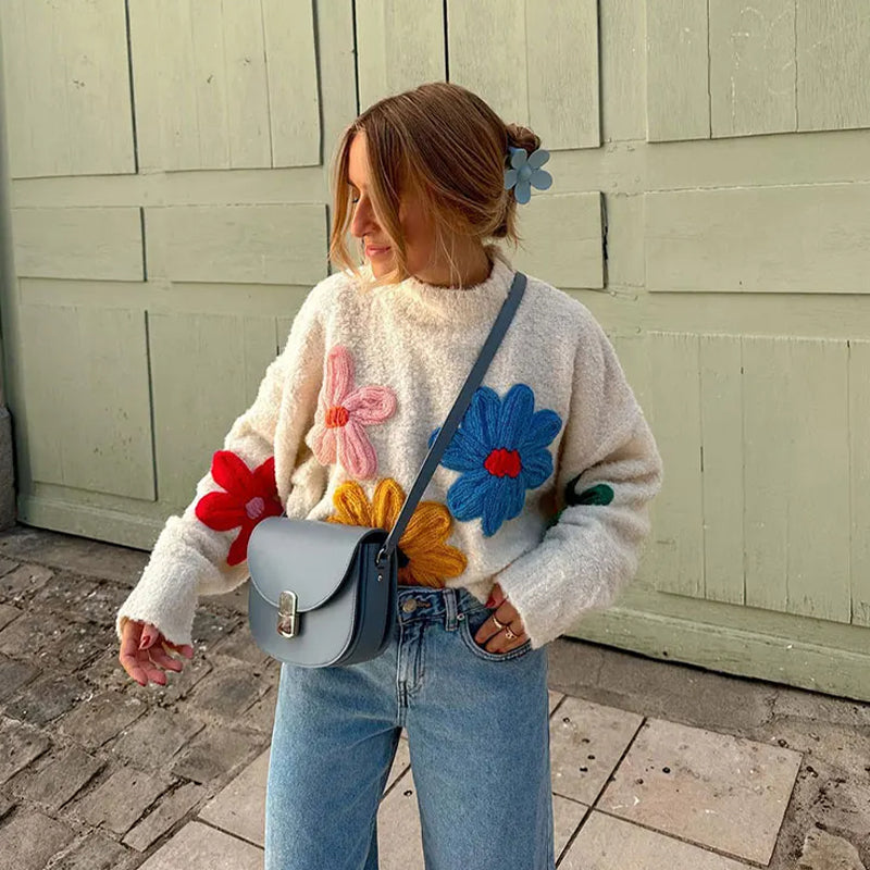 Dam Lång Kofta Stickad med Blomsterbroderi-2