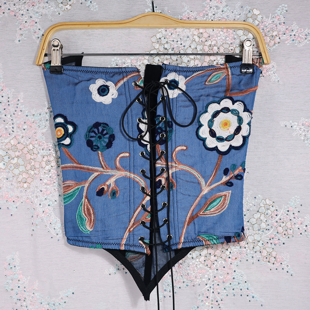 Dam Korsett Topp Blommigt Broderi Mjuk Bomull-6