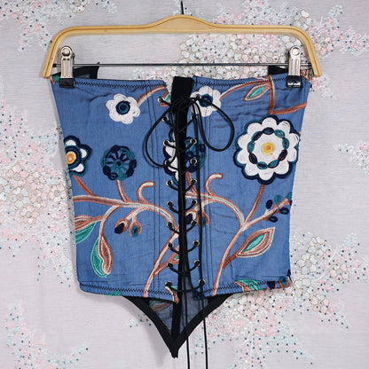 Dam Korsett Topp Blommigt Broderi Mjuk Bomull-6