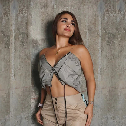 Dam Crop Top Kort Monokrom Polyester-2