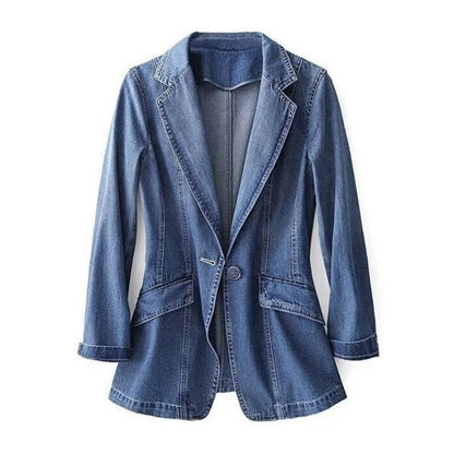 Dam Blazer Modern Denim med Reverseringskrage och Enkel Knappstängning-1