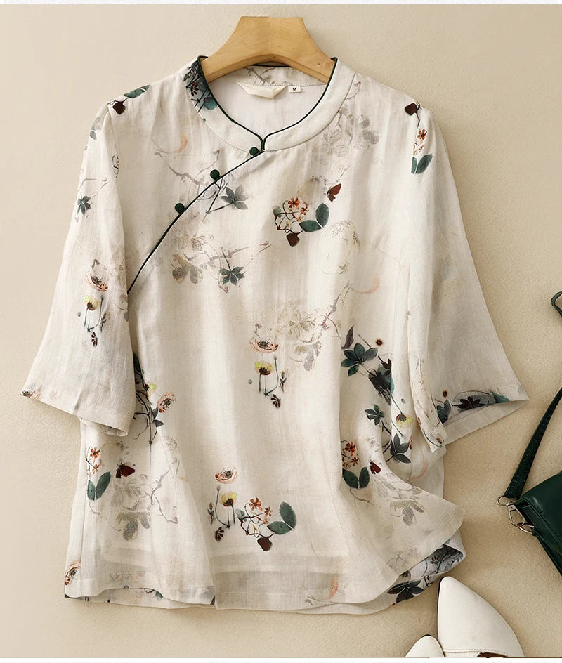 Kvinnors T-Shirt Kortärmad Bomulls- och Linneblandning-6