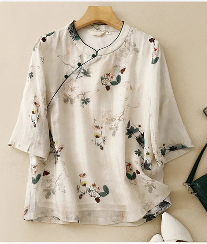 Kvinnors T-Shirt Kortärmad Bomulls- och Linneblandning-6