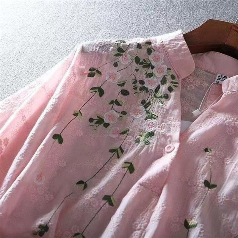 Dam Blus V-neck Mikrofiber med Blomsterbroderi-5