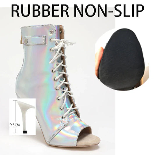 Damstövlar Mid-Calf Läder med Glittrande Detaljer och Hög Häl-1