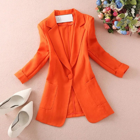 Dam Blazer Monokrom Bomull Polyester Linne Elegant Komfortabel Klassisk Passform 1