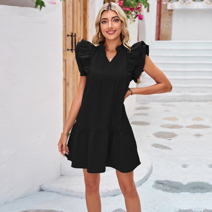 Klänning för Kvinna med Ruffles, Mjuk Polyester, Smickrande Silhuett, Perfekt för Formella och Avslappnade Tillfällen 1