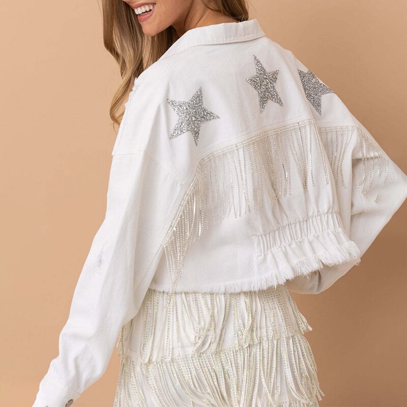 Dam Denimjacka Boho Chic med Fransar Högkvalitativ Denim-4