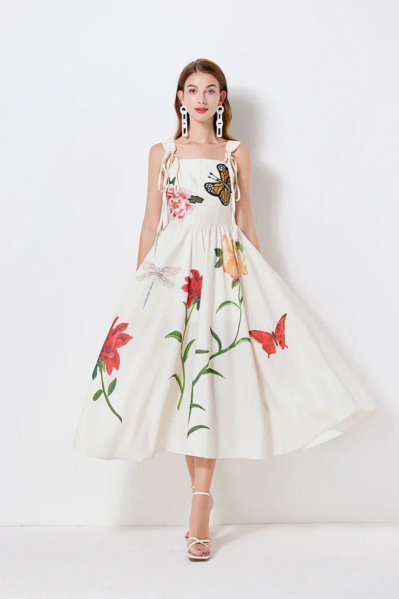 Kvinna Midi Klänning A-Line Broderad Polyester-4