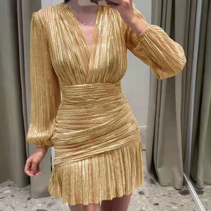 Kvinnors Mini Klänning A-Line Polyester Ballongärmar V-ringning-4