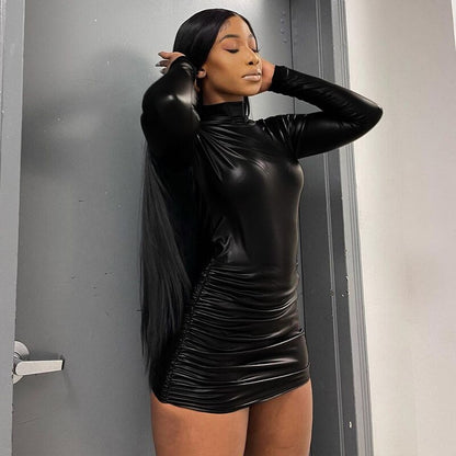 Dam Miniklänning Lång Ärmar PU-Läder Tätt Passande-4