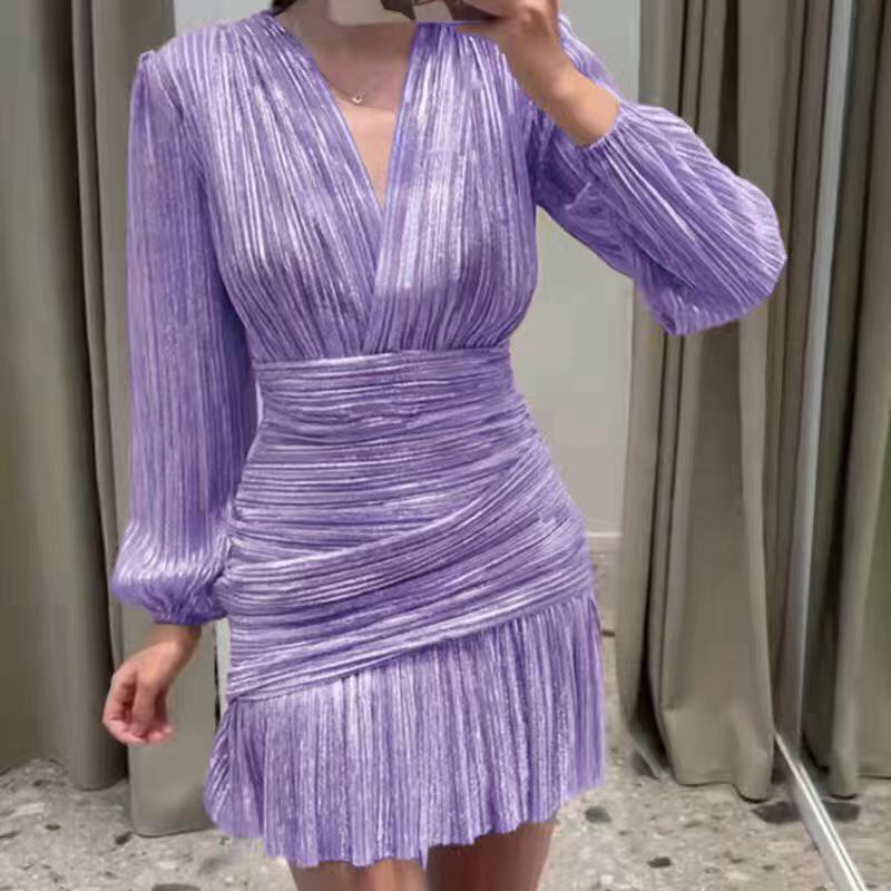 Kvinnors Mini Klänning A-Line Polyester Ballongärmar V-ringning-5