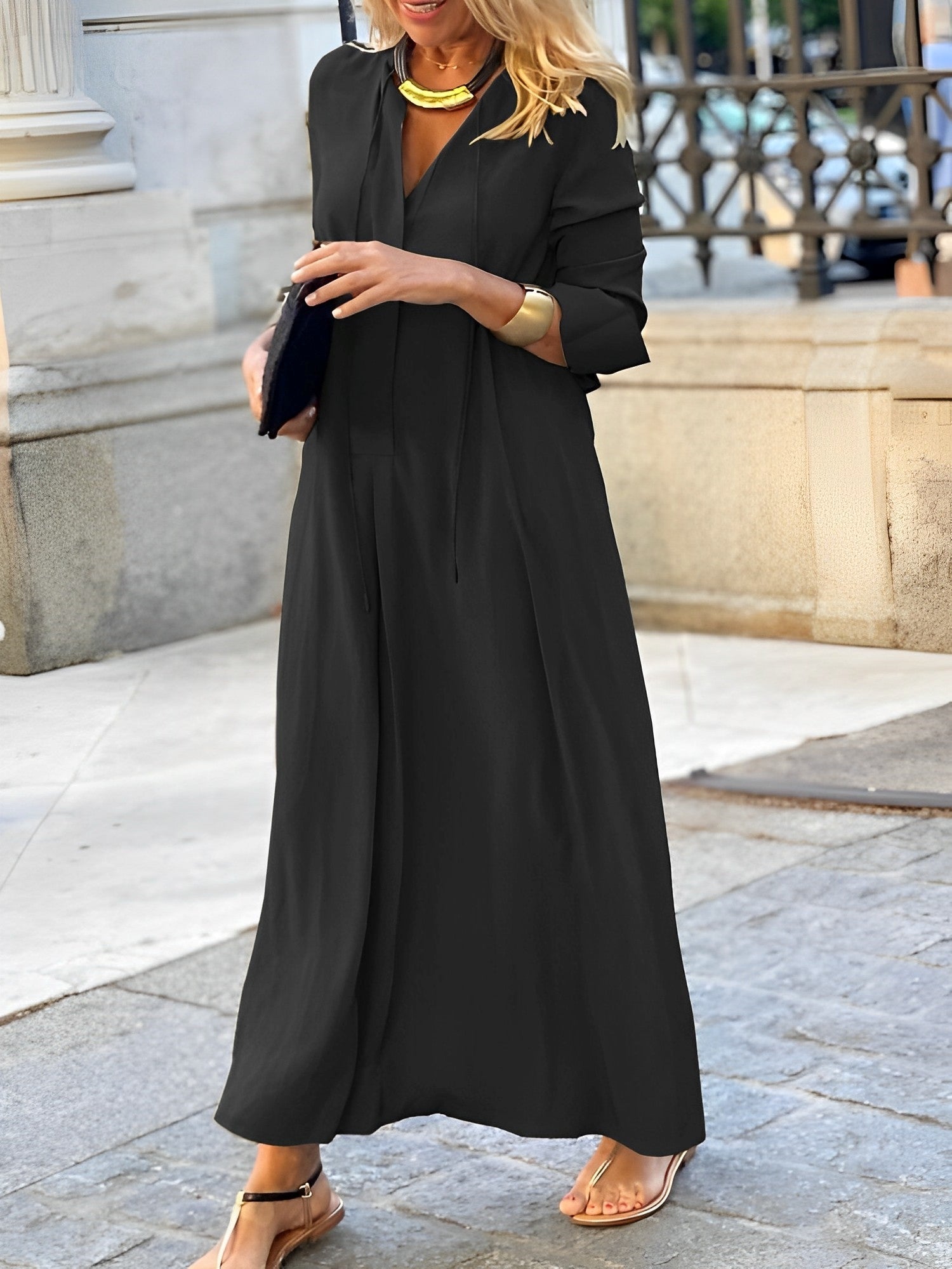 Dam Klänning Långärmad Elegant Design i Mjuk Tyg-2