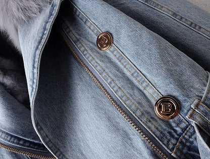 Damjacka i Denim och Plysch Skräddarsydd Vinterjacka för Kvinnor-6