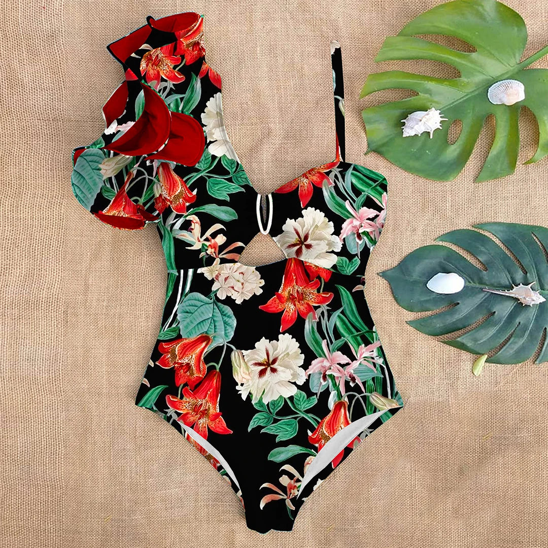 Variant image for Baddräkt Dam En Bit Blommönster med Ruffles Elastan Nylon Polyester-71
