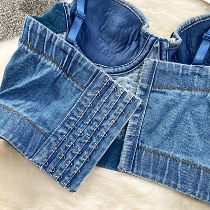 Dam Crop Top Monokrom Denim med Pärldekoration-6