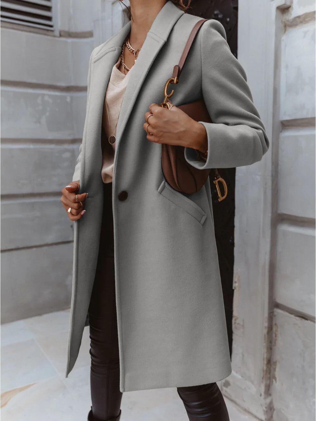 Dam Kappa Lång med Lapel Knapp Polyester-4