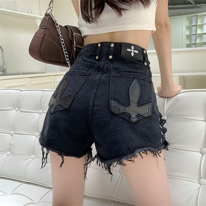 Hög Midja Denim Damshorts med Löst Snitt och Unik Lapptäckedesign – Bekväm och Trendig för Sommaren 4