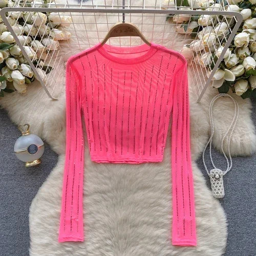 Dam Crop Top Långärmad Figurnära Polyester-6