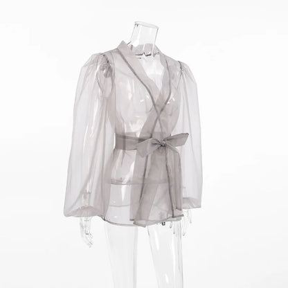 Dam Blus Transparent Organza med Länkbälte Elegant Stil-6