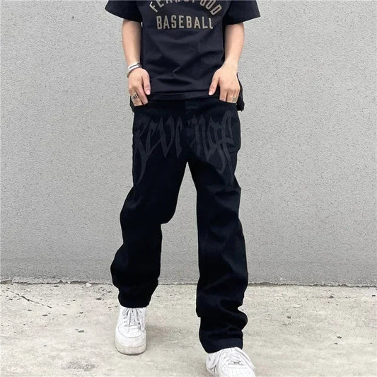 Herr Baggy Jeans med Gotiskt Broderi i Högkvalitativ Denim-1
