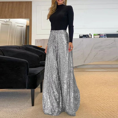 Snygga Byxor Dam Långa Paljetter Polyester Elegant-4