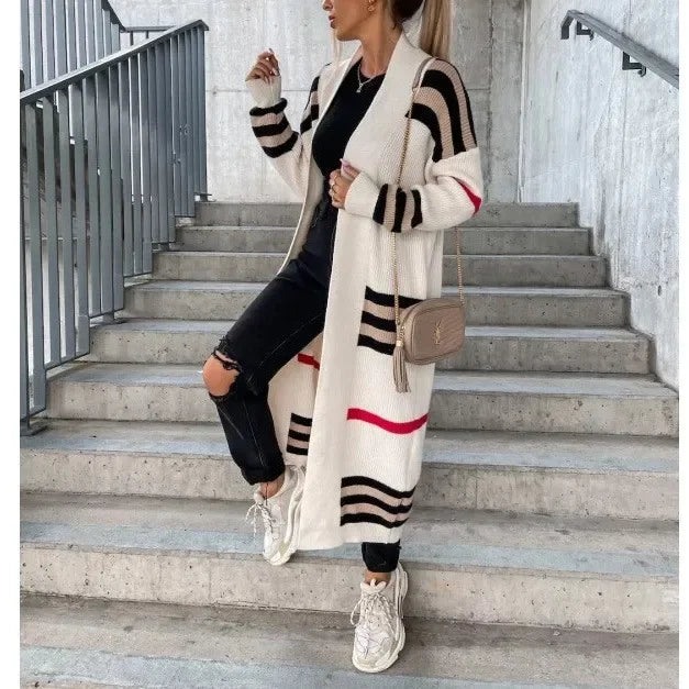 Lång Kofta Dam Stickad Randig Design i 100% Akryl – Trendig Lång Cardigan för Höst och Vinter 2