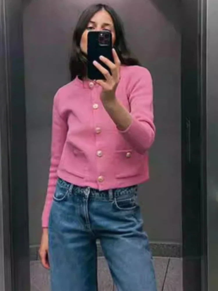 Dam Lång Kofta Rund Halsringning Stickad Akryl 2