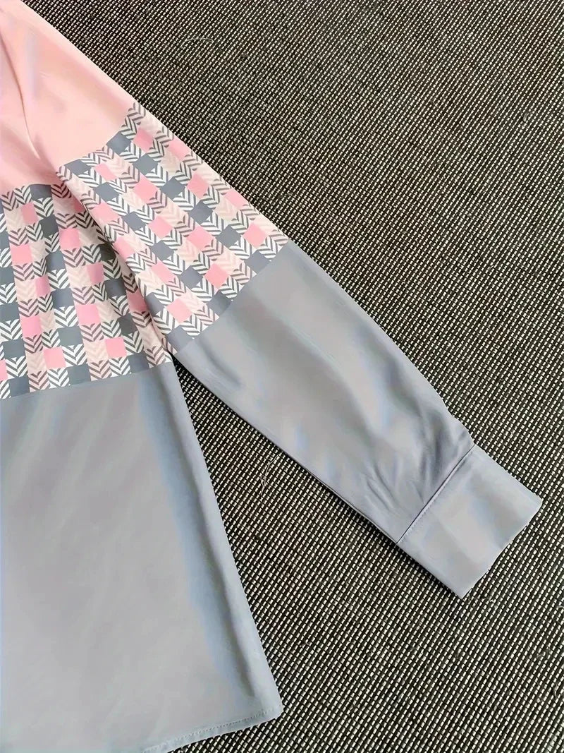 Dam Blus Färgblock Rutig Polyester-5