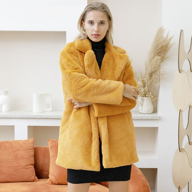 Damjacka Vinter Kappa i Konstpäls Modern Design med Fickor 12