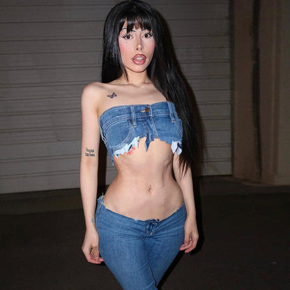 Dam Skördetopp Kort Denim Street Style-4