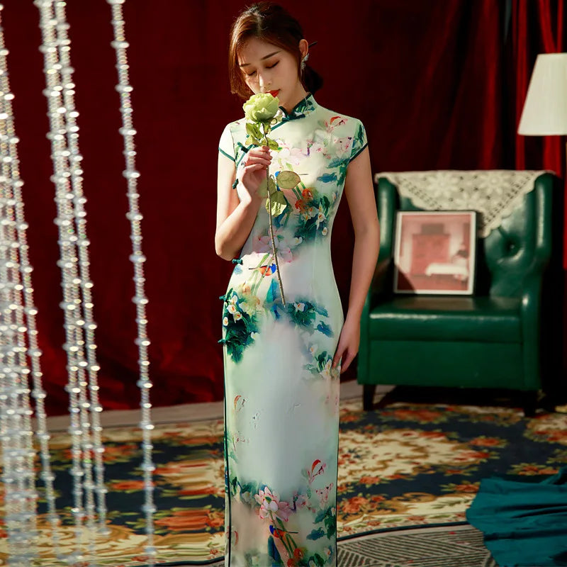 Variant image for Dam Maxiklänning Blommönster A-linje Siden-27