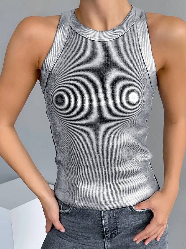 Dam Tank Top Monokrom Polyester Spandex O-hals-1