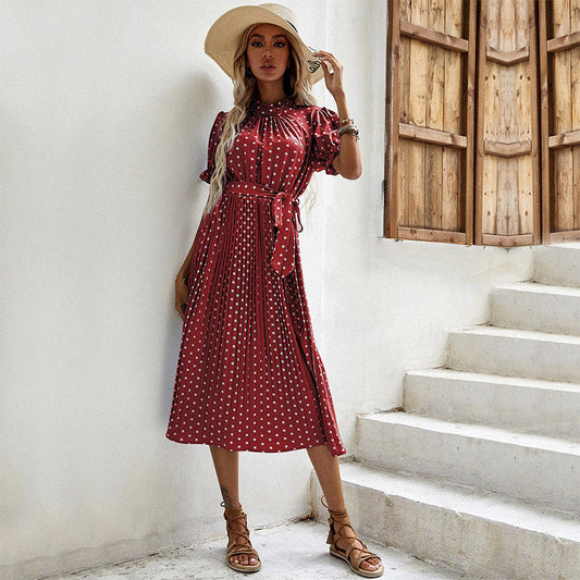 Kvinna Veckad Klänning Polka Prickar Polyester-1