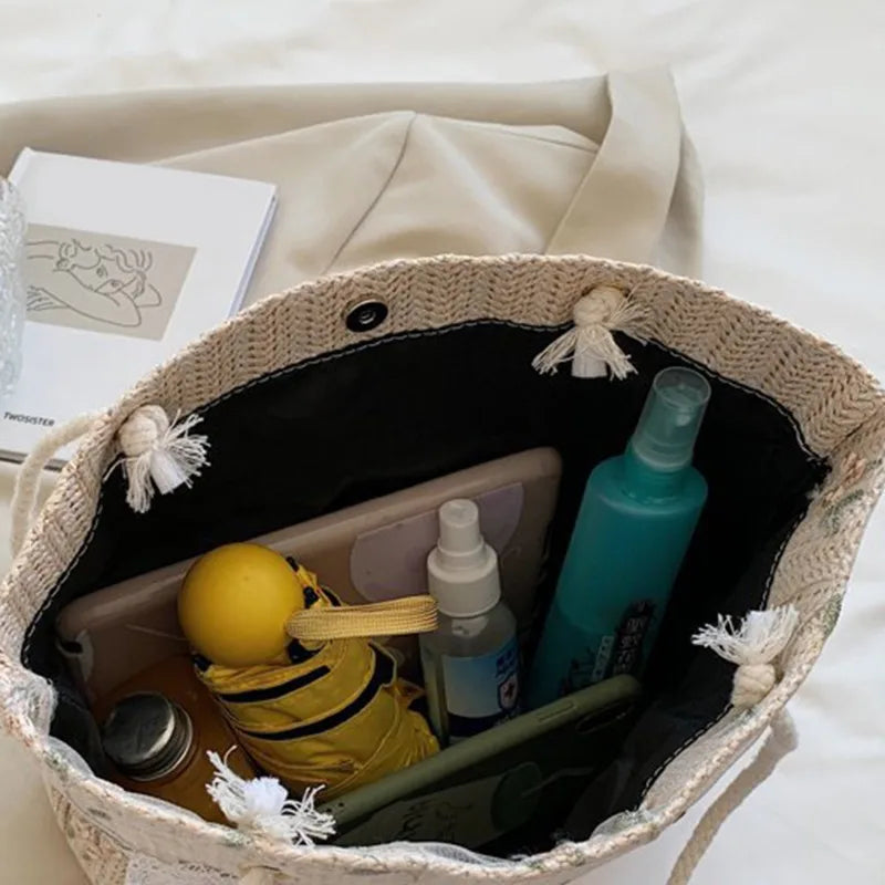 Dam Handväska MIDI Blommönster Stro med Topp Slinga-6