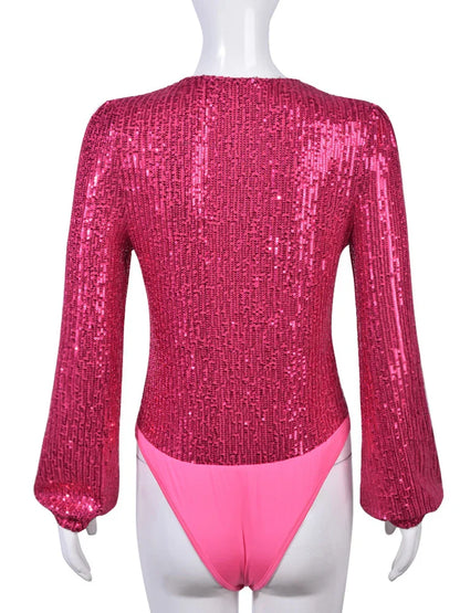 Dam Bodysuit Monokrom Paljett Polyester-4