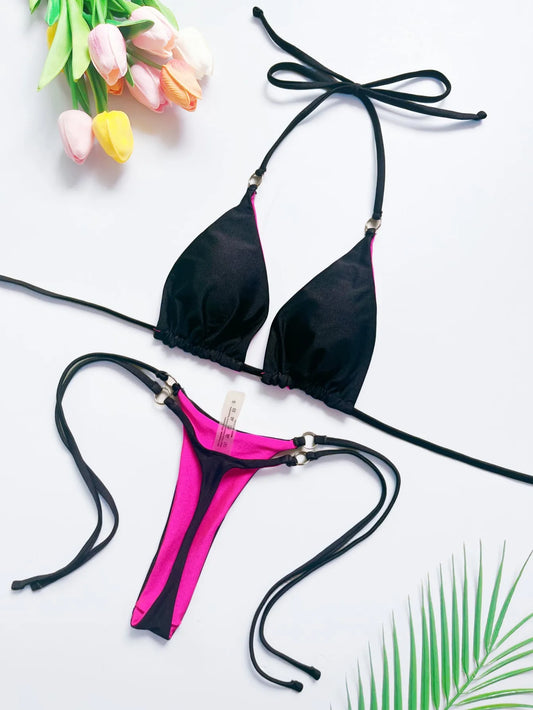 Dam Bikini Set Monokrom Polyester Tvådelad Design-1