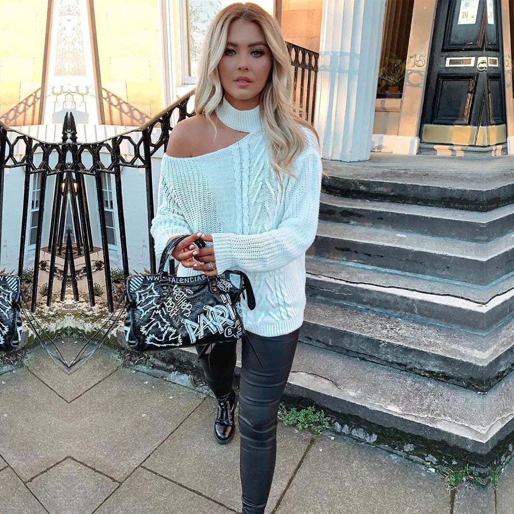 Stickad Dam Tröja Off-Shoulder Mjuk Akryl 5