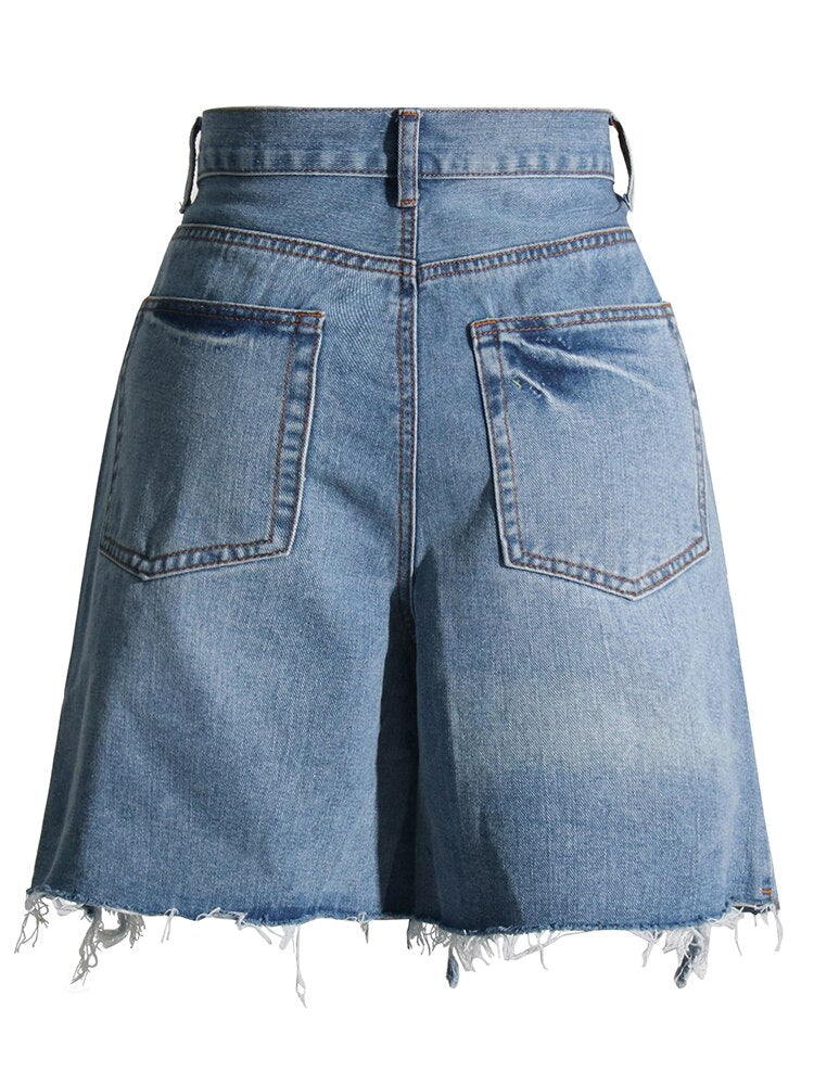 Dam Shorts Hållbar Denim med Sprickor och Snören-2