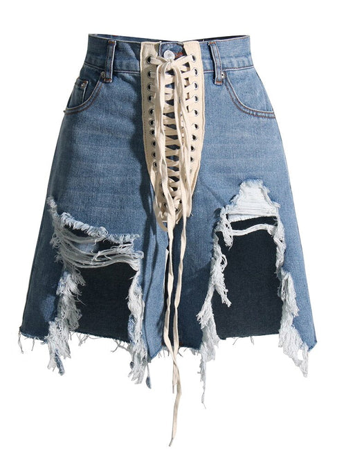 Dam Shorts Hållbar Denim med Sprickor och Snören-1