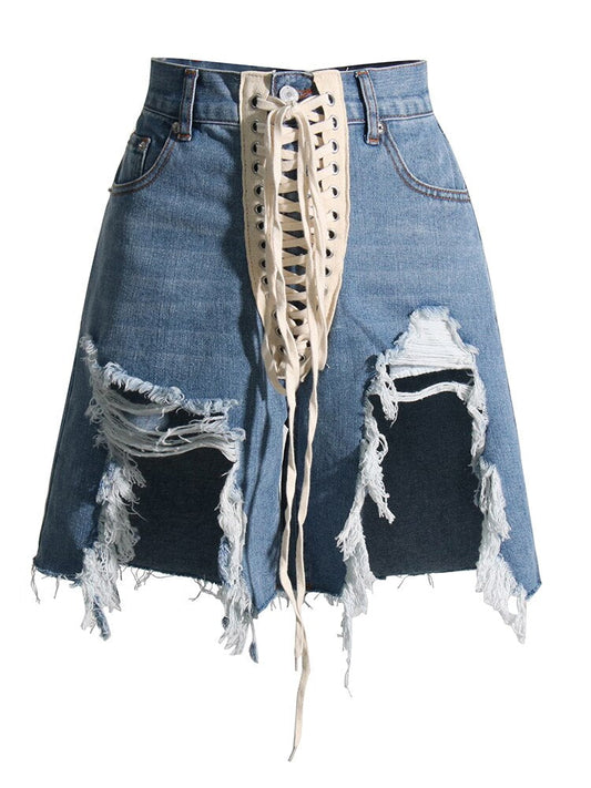 Dam Shorts Hållbar Denim med Sprickor och Snören-1
