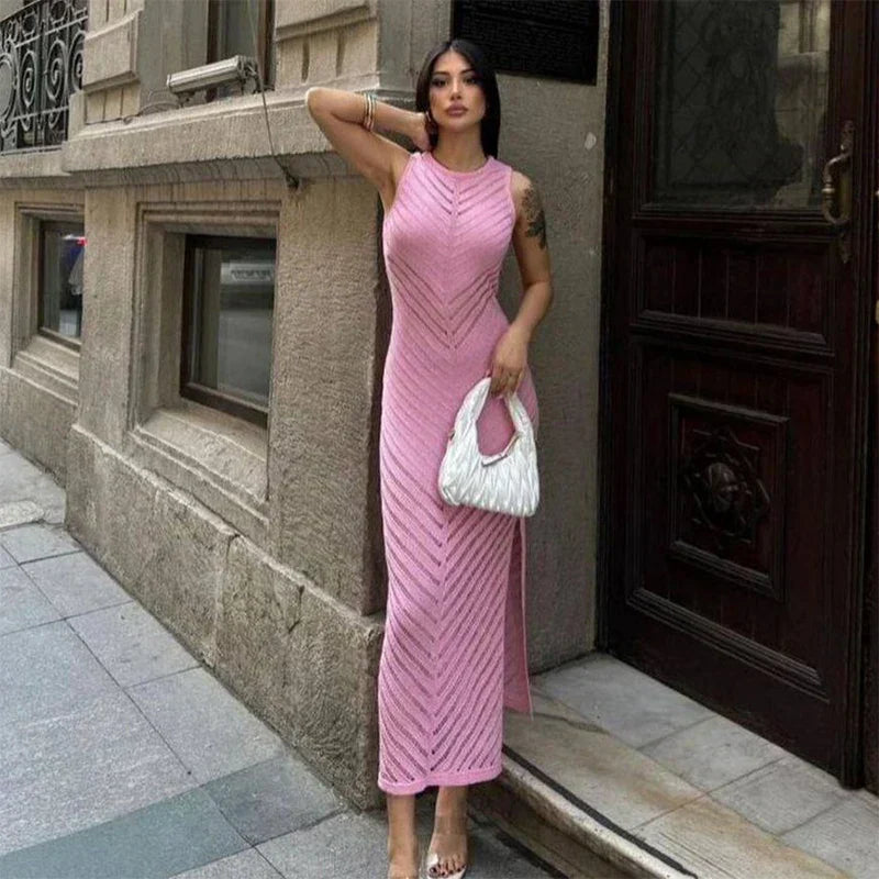 Långärmad Ribbad Damklänning i Tidlös Stil – Knälång Polyesterklänning för Vardag och Fest 9