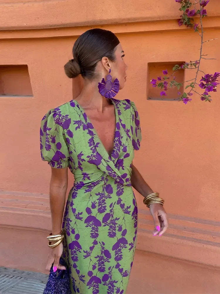 Dam Blommig Topp V-halslinje Polyester Figurnära 5