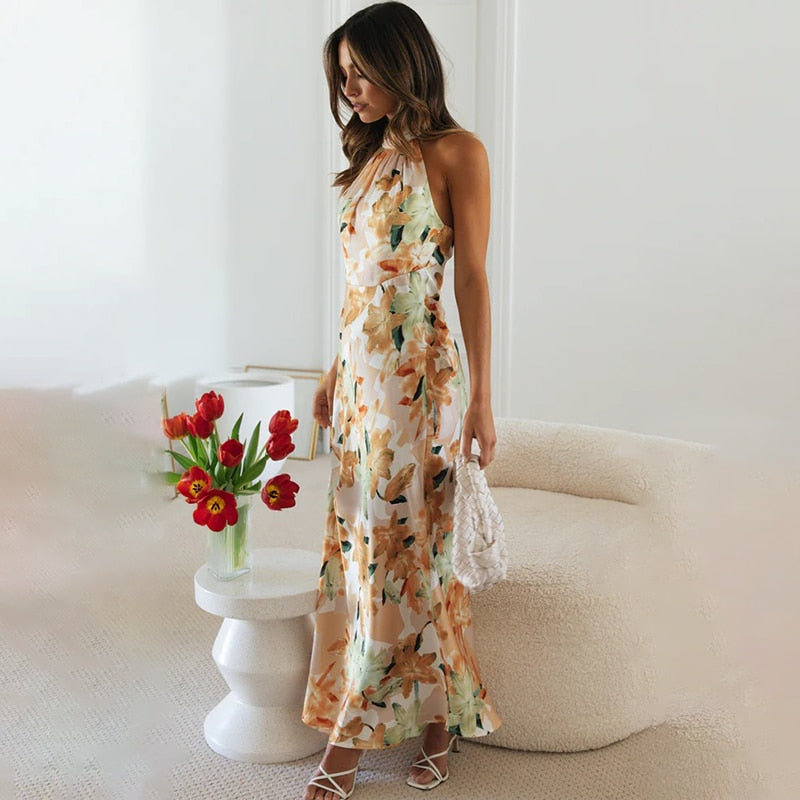 Kvinna Satin Klänning Blommönster Elegant 4