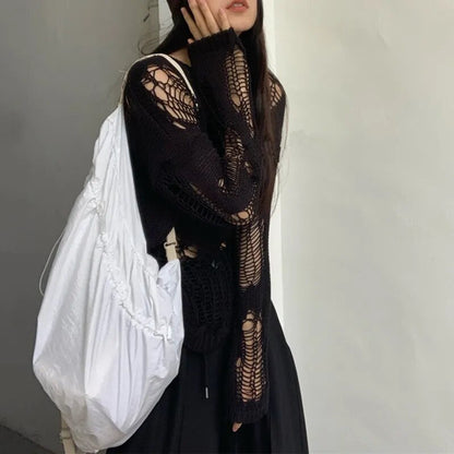 Dam Tröja Hålmönster Viskos Rund Hals Standardklipp-2