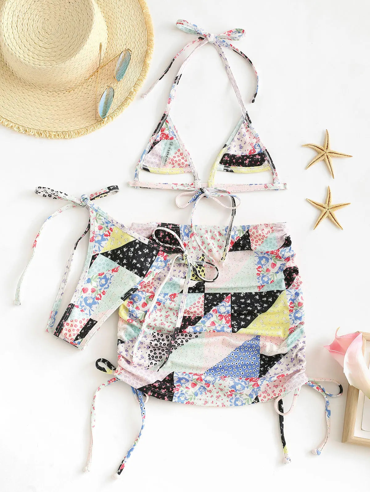 Dam Topp Patchwork Tryck Tre Delar 100% Bomull för Sommarfest-2