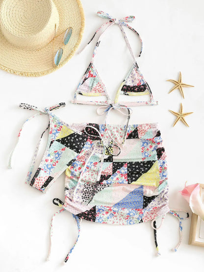 Dam Topp Patchwork Tryck Tre Delar 100% Bomull för Sommarfest-2