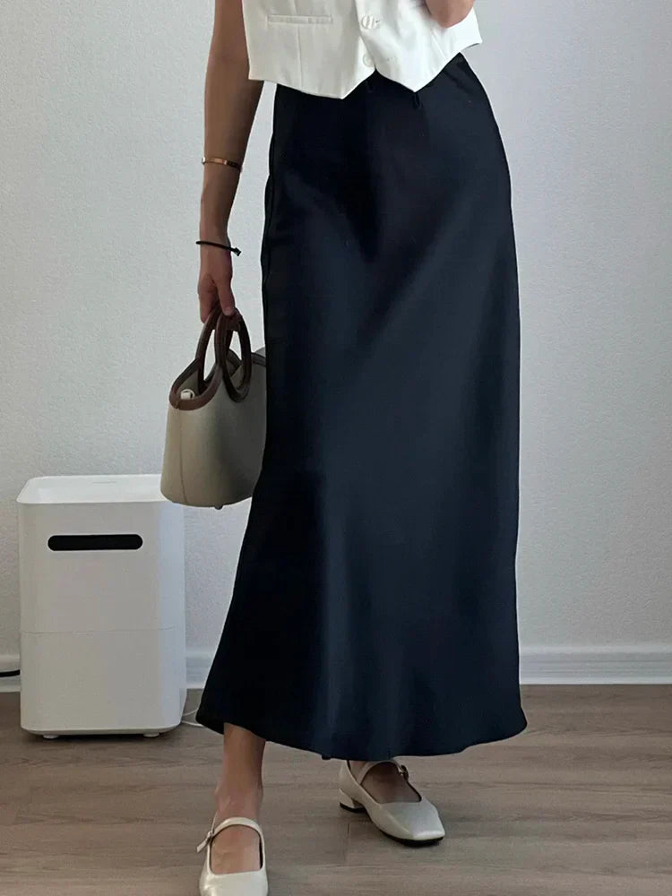 Maxikjol Lång A-linje i Satin med Hög Midja – Elegant och Bekväm Damkjol för Alla Tillfällen 4
